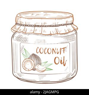 Aceite de coco en una jarra de cristal con una etiqueta. Ingredientes de cocina y belleza. Ilustración vectorial dibujada a mano para menú, banner, logotipo. Ilustración del Vector
