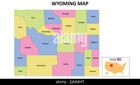 Mapa de Wyoming. Mapa del estado y distrito de Wyoming. Mapa administrativo de Wyoming con distrito y capital en color. Ilustración del Vector