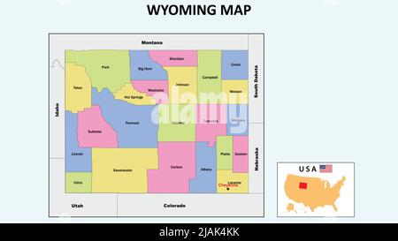 Mapa de Wyoming. Mapa del estado y del distrito de Wyoming. Mapa político de Wyoming con países vecinos y fronteras. Ilustración del Vector