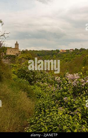 Castillo de Rudelsburg arruina vista desde el Castillo Saaleck en primavera Foto de stock