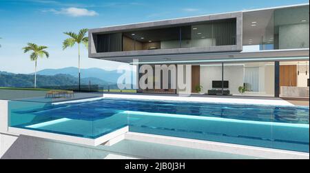 Diseño exterior de villa de lujo con una hermosa piscina infinita. 3d renderizado Foto de stock