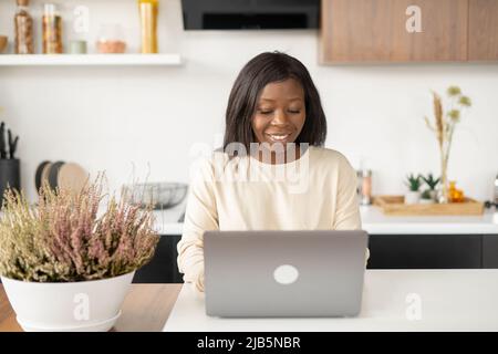 Vista frontal de la relajada mujer afroamericana independiente sentada en la cocina y utilizando la computadora, escribiendo correo electrónico en el portátil, blogging, escribiendo mensaje, trabajando en el proyecto desde casa Foto de stock