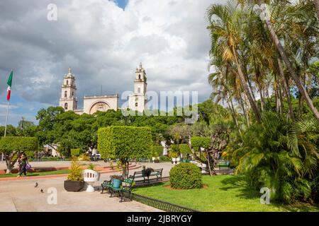 México, estado de Yucatán, capital de Mérida, Yucatán, plaza principal de Mérida Plaza Grande con la catedral al fondo Foto de stock