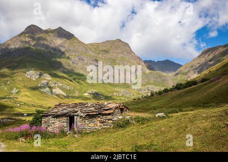 Francia, Saboya, Parque Nacional de la Vanoise, Bonneval-sur-Arc, Lenta valle en la ruta de los Grandes Alpes entre el Col de l'Iseran y Bonneval-sur-Arc Foto de stock