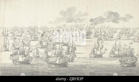La Batalla de Solebay, 7 de junio de 1672, justo después de las dos de la tarde, visto desde el noroeste: Lado izquierdo. Este dibujo de dos partes representa un momento de la Batalla de Solebay en 1672. En esta batalla inaugural de la Tercera Guerra Anglo-Holandesa, la flota estatal encabezada por el Almirante De Ruyter luchó contra la flota combinada anglo-francesa frente a la costa de Suffolk, cerca de Solebay. Como en anteriores batallas navales, Willem van de Velde navegó a bordo de su galeón en el lado holandés. La batalla de Solebay está en pleno apogeo. La página de la izquierda muestra, entre otros, el Delfín, el barco del Teniente Almirante Willem Joseph Foto de stock