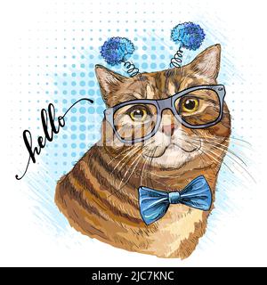 Cabeza de gato Brittish en gafas. Hola letra cita. Estampado de estilo  dibujado a mano. Ilustración vectorial aislada sobre fondo blanco.  Composición de la camiseta, pr Imagen Vector de stock - Alamy