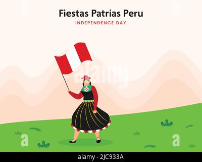  Fiestas Patrias Perú Concepto del Día de la Independencia, Mujer Peruana vestida de Traje Tradicional con Bandera Nacional con Cierre en Peach y Fondo Verde Imagen Vector de stock