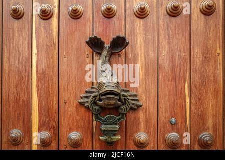 Primer plano de un tradicional alocador de puertas en una puerta de madera en Cartagena, Colombia Foto de stock