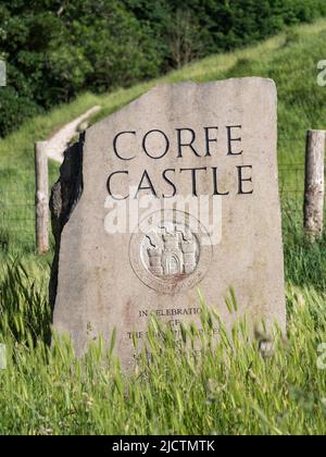 Marcador de piedra para el castillo de Corfe, Dorset, Reino Unido. Foto de stock