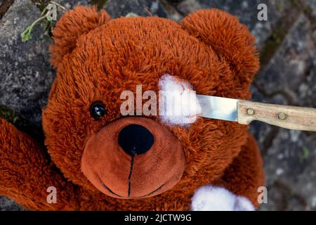destruido oso de peluche relleno tumbado en el suelo al aire libre  Fotografía de stock - Alamy