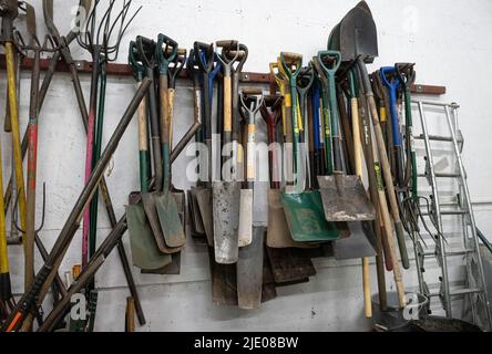 Colección de herramientas colgadas en un taller, incluyendo palas, palas, tenedores de pitch y tenedores de jardin Foto de stock