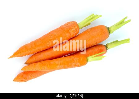 Möhren, Karotten, Wurzeln aus biologischem Anbau liegen auf weißem Hintergrund. Frisches Obst und Gemüse ist immer gesund. Foto de stock