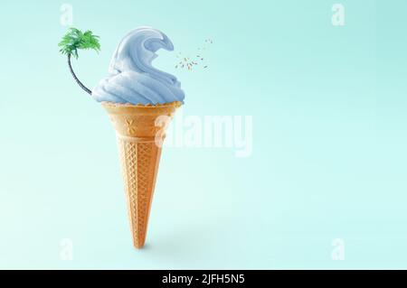 Ola de helado de fresa con tabla de surf, letrero de playa y palmera Foto de stock
