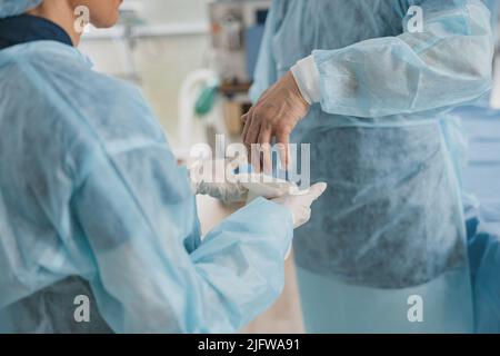 Primer plano de las manos del cirujano Se coloca guantes en el quirófano para prepararse para la cirugía Foto de stock