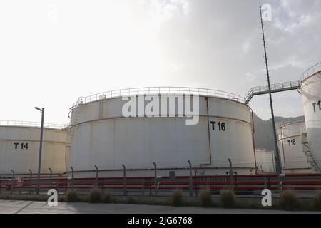 Grandes tanques de almacenamiento petroquímico blancos o granja de tanques Foto de stock