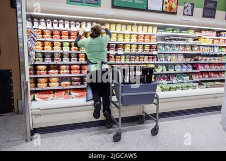Miami Beach Florida, Publix tienda de comestibles supermercado alimentos dentro del interior, mujer empleado administrativo de almacenamiento trabajador trabajando, estantes estantes