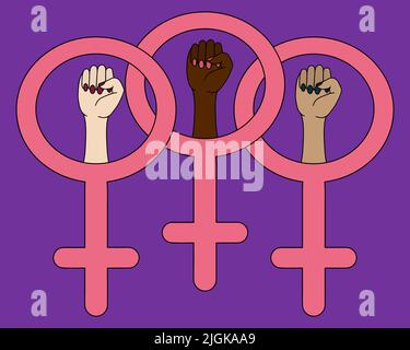 Símbolo del movimiento feminista, puños elevados y símbolos femeninos, lucha por los derechos de las mujeres Ilustración del Vector