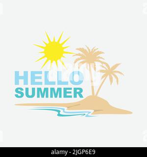 Hola Summer logo ilustración de diseño vectorial. Vector de diseño plano de playa y océano simple. Logo creativo abstracto temporada de verano Ilustración del Vector