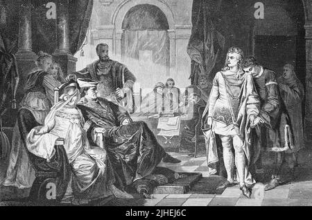 Der letzte Hohenstaufer Konrad, genannt Konradi, auch Konrad der Junge, 25. März 1252 - 29. Oktober 1268, war der letzte legitime männliche Erbe aus der Dynastie der Staufer. Er war Herzog von Schwaben (1254–1268 als Konrad IV.), König von Jerusalem (1254–1268 als Konrad III.) und König von Sizilien (1254–1258 als Konrad II.) / El último Konrad Hohenstaufen, llamado Konradi, también Konrad el Joven, 25 de marzo de 1252 - 29 de octubre de 1268, fue el último heredero legítimo de la dinastía Hohenstaufen. Fue duque de Suabia (1254-1268 como Conrad IV), rey de Jerusalén (1254-1268 como Conrad III) y Kin Foto de stock