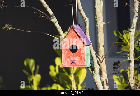 Una colorida casa de pájaros colgando de un árbol Foto de stock