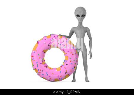 Scary Gray humanoid Alien Cartoon Cartoon Persona Mascot con Fresa Grande Rosa Glazada Donut sobre un fondo blanco. Renderizado 3D Foto de stock