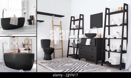 Collage con interiores en baños modernos en colores blanco y negro Foto de stock