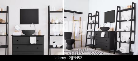 Collage con interiores en baños modernos en colores blanco y negro Foto de stock