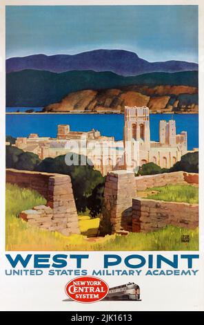 West Point Academia Militar de los Estados Unidos- Cartel Vintage de la Línea Central de Nueva York
