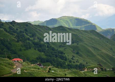 Hermosa vista sobre el paisaje de las montañas, los altos picos verdes de las montañas del Cáucaso y pradera alpina. Daguestán, Rusia Foto de stock