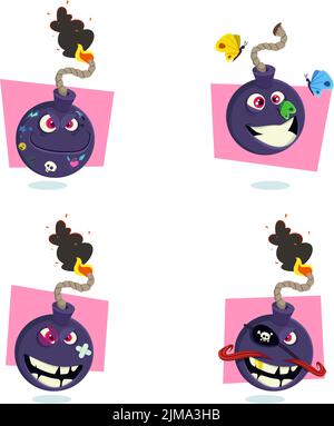 Personaje de dibujos animados de bomba divertida con diferentes emociones.  Vector mascot aislado sobre blanco Imagen Vector de stock - Alamy
