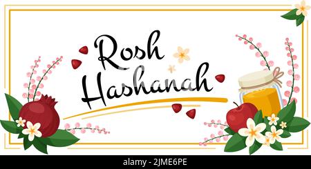 Bandera del año nuevo judío. Rosh-hashanah volante moderno con miel, manzana y granada. Feliz shana tova fondo. Folleto de Vector de la Tradición de Garish Ilustración del Vector