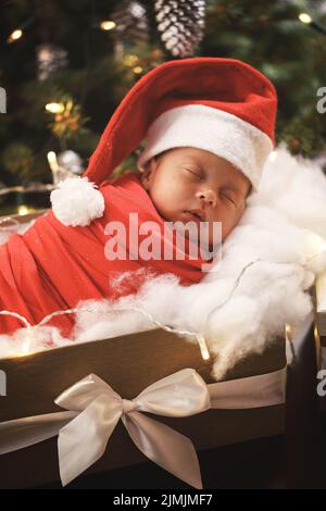 Bebé recién nacido niño usando un sombrero marrón oso tejida y pantalones,  durmiendo en una estantería junto a los osos de peluche rodada en el  estudio sobre un fondo cremoso, shot Fotografía