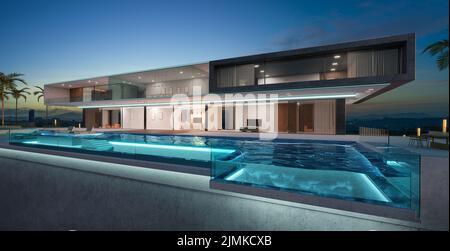 Villa de lujo de diseño exterior con hermosa piscina infinita Foto de stock