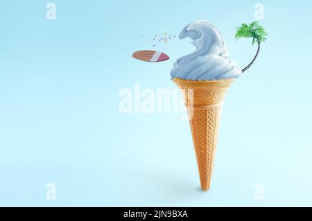 Ola de helado de fresa con tabla de surf, letrero de playa y palmera Foto de stock