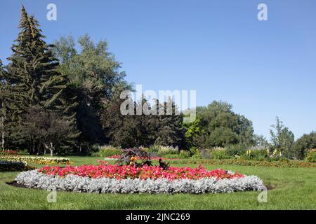 Espacio verde con jardín de flores en un parque urbano de barrio en verano, Riley Park, Calgary, Alberta, Canadá Foto de stock