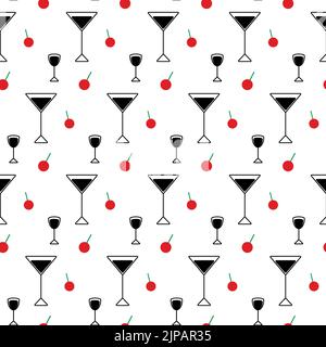 Diseño abstracto sin costuras de un conjunto de iconos vectoriales en blanco y negro en forma de gafas y cereza roja en un tinte moderno sobre un fondo transparente. Ideal para cafés, bares y restaurantes. Aislar. Estilo de vida.