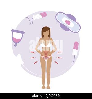 productos de higiene femenina menstruación mujer con dolor Ilustración del Vector