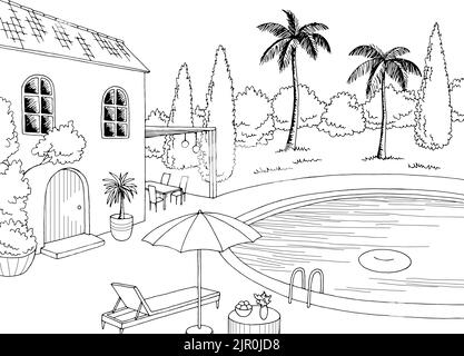  Casa de vacaciones salón gráfico negro blanco paisaje dibujo ilustración vector Imagen Vector de stock