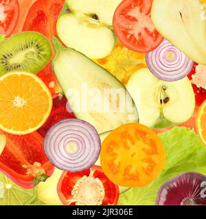 Fondo cuadrado de verduras frescas, frescas y brillantes, frutas y bayas. Foto de stock