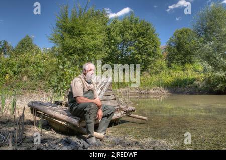 Un anfitrión del estanque se sienta en la tierra seca y mira ansiosamente en el resto del agua. El calor persistente hace que su pequeño biotopo se seque. Foto de stock
