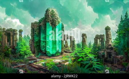3D Presentación de colosales ruinas abstractas de piedra esmeralda