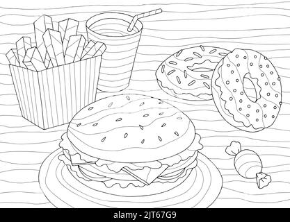 Rápido alimento colorear gráfico negro blanco dibujo ilustración vector Ilustración del Vector