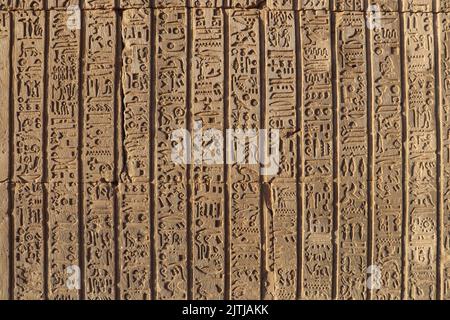 Antiguos jeroglíficos faraónicos tallados en las paredes del templo Kom Ombo en Aswan, Egipto Foto de stock