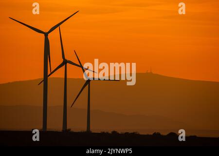 Windraftanlage gegen Sonnenuntergang im Harz Foto de stock