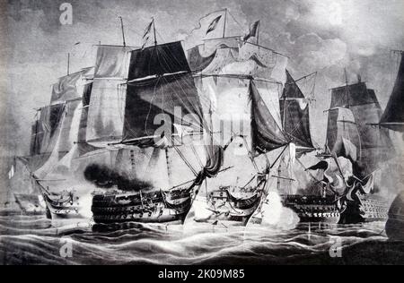 La Batalla de Trafalgar (21 de octubre de 1805) fue un enfrentamiento naval entre la Royal Navy británica y las flotas combinadas de las marinas francesa y española durante la Guerra de la Tercera Coalición (agosto-diciembre de 1805) de las Guerras Napoleónicas (1803-1815). Foto de stock