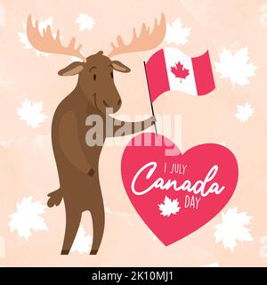 Aislado lindo caricatura de alces sosteniendo una bandera de canadá Happy Canada Vector Ilustración del Vector