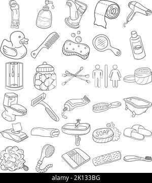 Cuarto de baño Juego de dibujo de línea de doodle dibujado a mano con peine, cepillo, bañera, cepillo de dientes, pasta de dientes, Ducha, Espejo, Lavabo, Grifo Ilustración del Vector