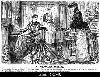 La enseñanza universitaria de la mujer haciendo su conversación confuso para sus amigos menos educados. George Du Maurier cartoon de 'Punch' de Londres el 7 de diciembre de 1889. Grabado Foto de stock