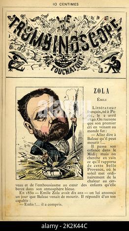 Caricatura de Emile Zola (1840-1902), en: 'Le Trombinoscope' de Touchatout, dibujo de Moloch. siglo 19th. Francia. Colección privada. Foto de stock