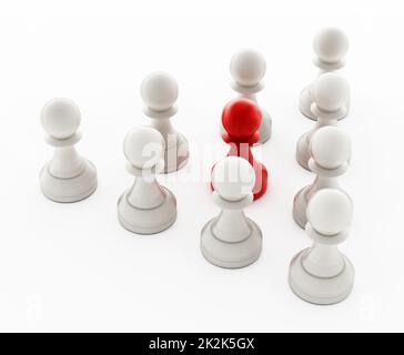 Peón de ajedrez rojo delante de los peones blancos. Ilustración 3D Foto de stock